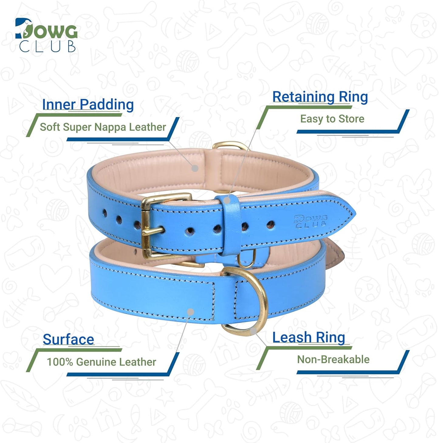 DowgClub | Genuine Leather Dog Collar | Full Grain, Heavy Duty | Comfortable, Strong | Best for Pups, Small, Medium & Large Breeds | Pink, Brown, Black, Tan