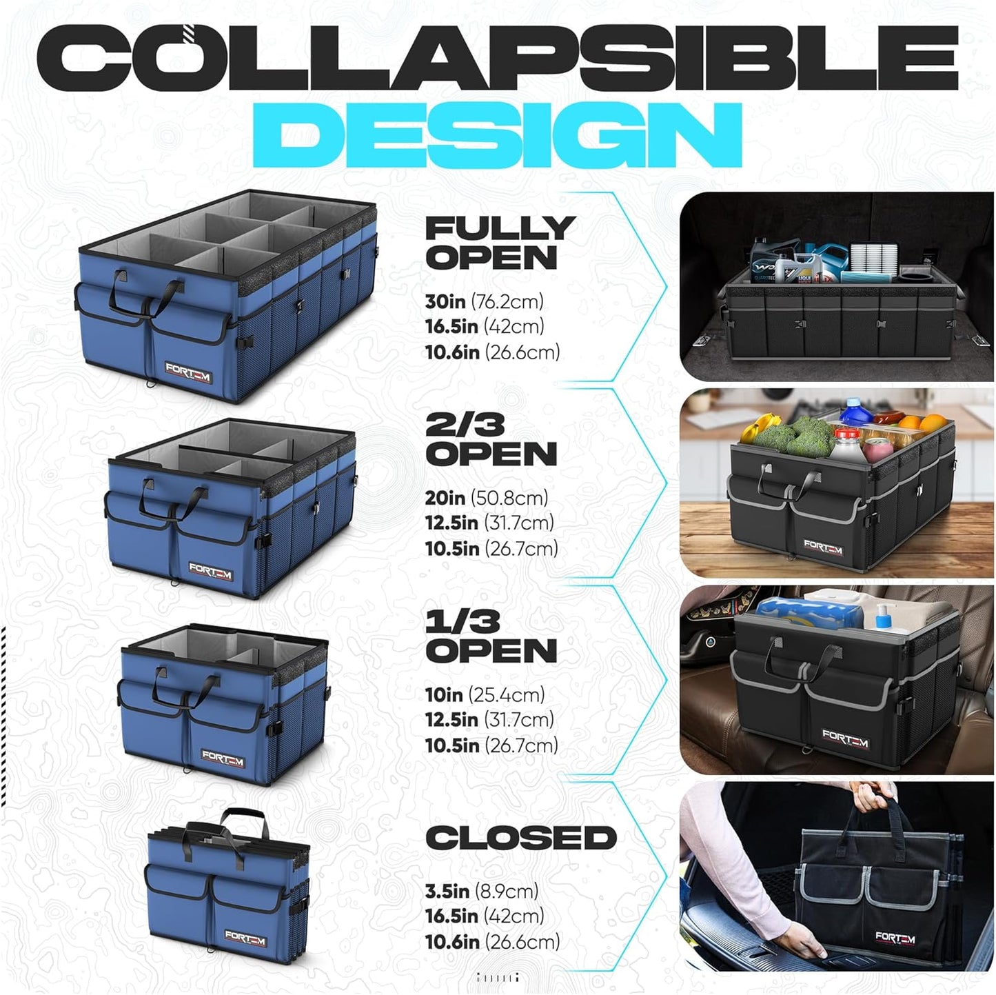 FORTEM Car Trunk Organizer, Collapsible Multi Compartment Car Organizer, Foldable SUV Storage for Car Accessories for Women Men, Non Slip Bottom, Securing Straps, Soft Cover 50L (Black, Standard)