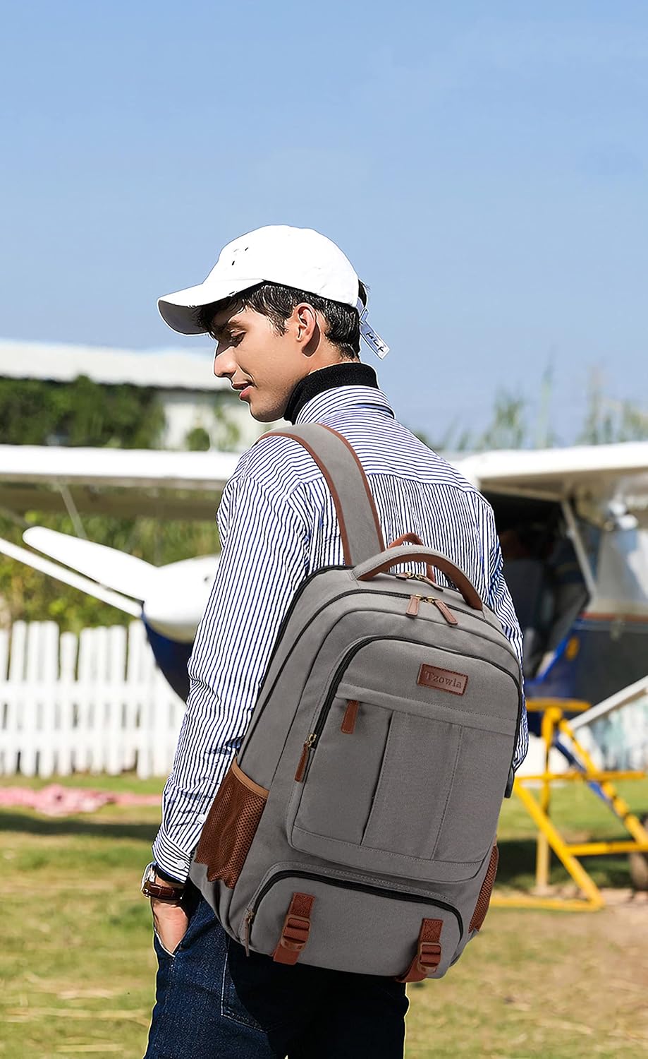 Tzowla Canvas Laptop Backpack Men,Bag for Women,School Travel College Work Rucksack Fits 15.6 Inch Laptop,Bookbag with USB Charging Port,Dark Grey