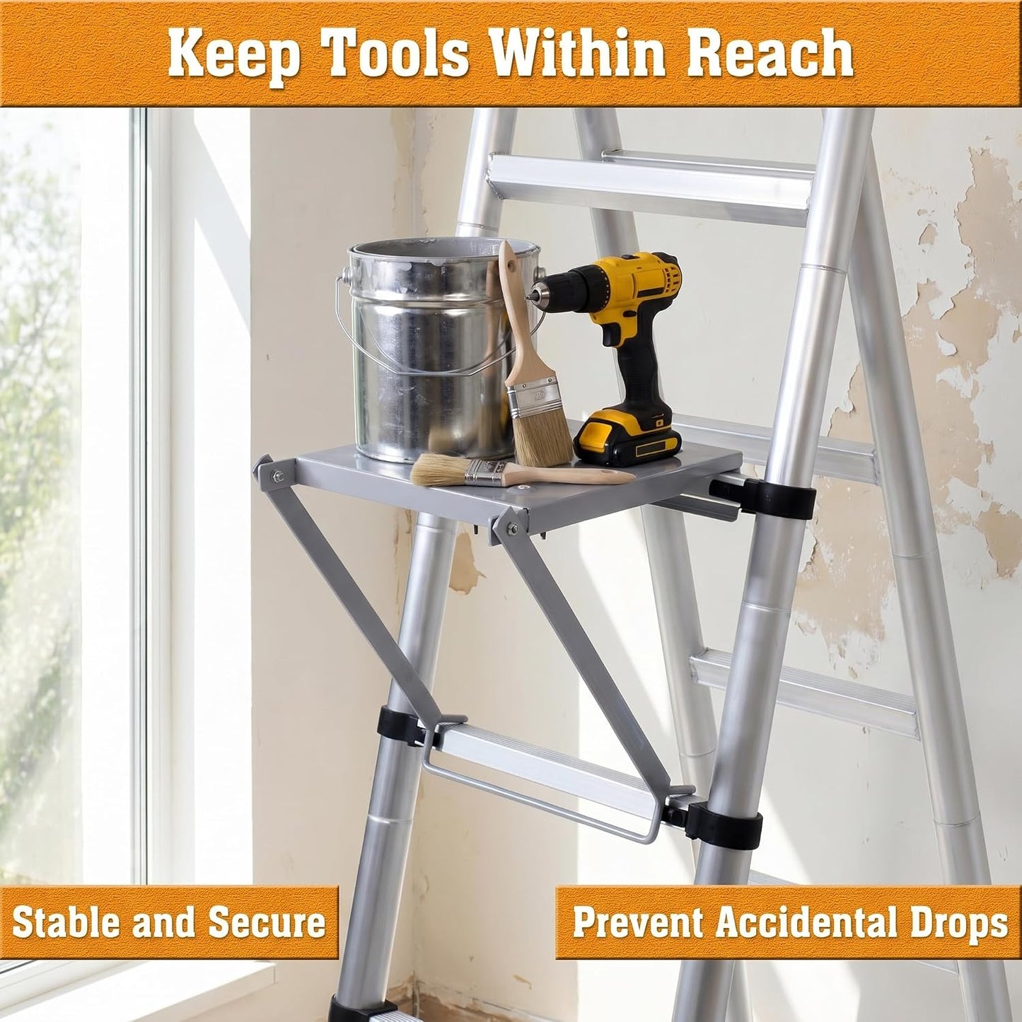Ladder Platform Attachment,Steel Ladder Work Platform Extension | 400lbs capacity 10.6×13.8in anti-slip ladder work platform foldable attachment fits most ladders with 11.5"-14" rung spacing
