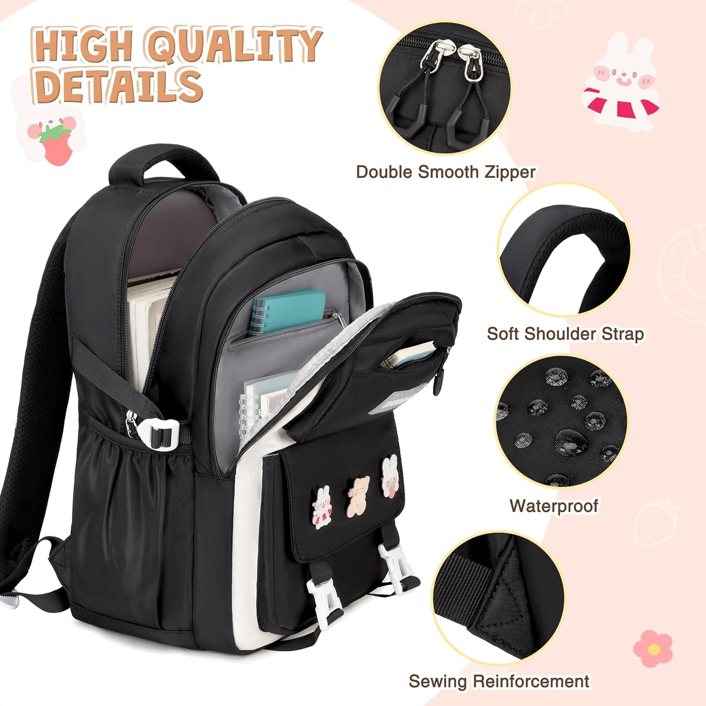 DIGOBAY Girls Backpack, School Backpack for Girls with Lunch Box Pencil Case Set for Teen Kids Girl Elementary Primary Middle High College School Bookbag with Cute Pins Pink