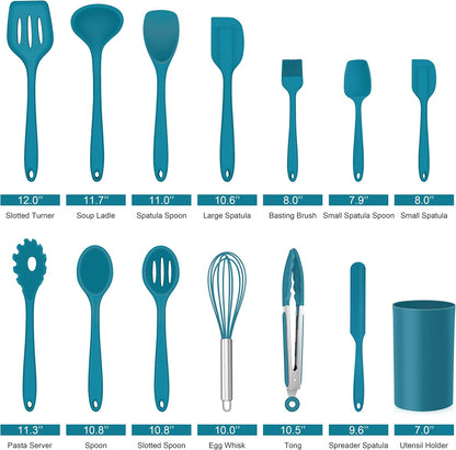 LIANYU 14 Pcs Cooking Utensils Set with Holder, Heat Resistant Silicone Kitchen Cookware Utensils Set, Kitchen Cooking Tools Includes Spatula Spoon Turner Whisk Tong, Dishwasher safe, Dark Blue