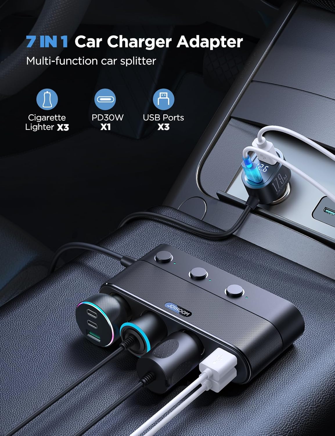[Upgraded 179W] 7 in 1 Cigarette Lighter Adapter, JOYROOM Car Charger Adapter with PD30W Charge(3.3FT Cable), 24V/ 12V Cigarette Lighter Splitter with Independent Switches & LED Voltage Display