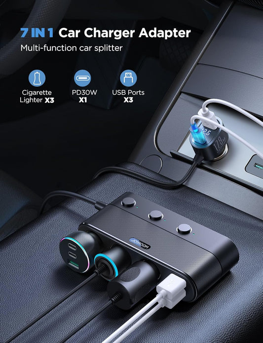 [Upgraded 179W] 7 in 1 Cigarette Lighter Adapter, JOYROOM Car Charger Adapter with PD30W Charge(3.3FT Cable), 24V/ 12V Cigarette Lighter Splitter with Independent Switches & LED Voltage Display - PuriLite