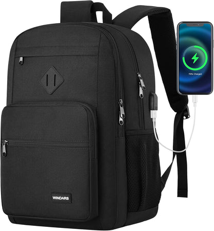 Black Backpack for Men Women, Durable Casual School Backpacks Teens Boys and Girls Classic 15.6 Inch Laptop Bookbag with USB Charger for College High School Work Travel