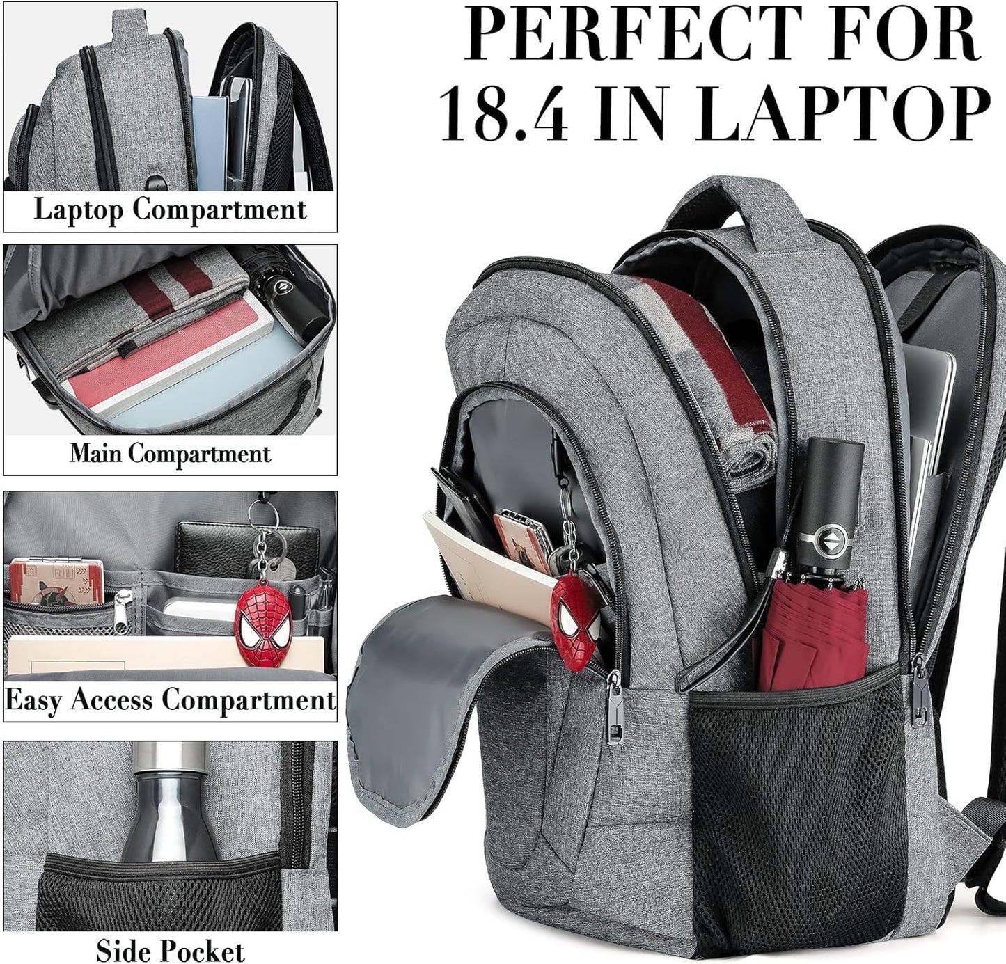Backpack for Men and Women, School Backpacks for Teen Boys and Girls, Black Water Resistant Back Pack, Business Men Sturdy Computer Bag with USB Charging Port, Gifts