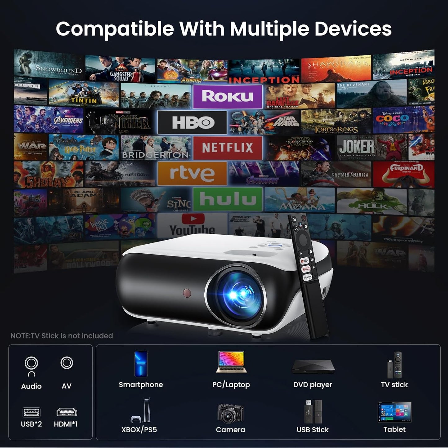 Official Licensed Google TV Smart Projector, HAPPRUN Projector 4k Support with Dolby Sound, Built-in Streaming Apps, Native 1080P, Wi-Fi & Bluetooth, Projecteur for Home Cinema,Gaming,Outdoor