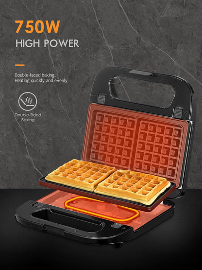 Reemix 3-in-1 Waffle, Grill & Sandwich Maker, Panini Press Grill and Waffle Iron Set with Removable Non-Stick Plates, Perfect for Cooking Grilled Cheese, Tuna Melts, Burgers, Steaks and Snacks, Black