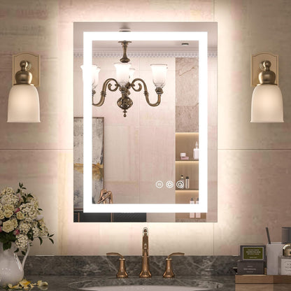 TETOTE LED Bathroom Mirror 20x28 Frontlit & Backlit Lighted Vanity Mirror Anti Fog Stepless Dimmable 3 Colors White/Warm/Natural,Double Lights,Wall-Mounted(Horizontal/Vertical)