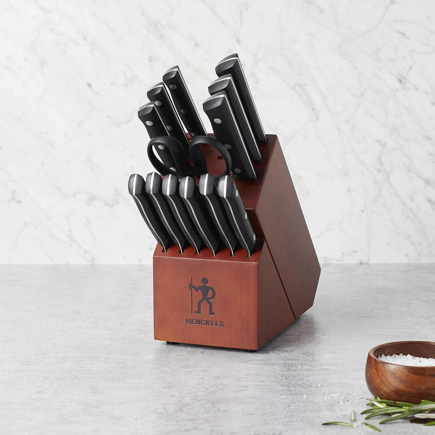 HENCKELS Everedge Dynamic 14 Piece Serrated Stainless Steel Knife Block Set - Professional Cutlery Set, Knives for Chopping, Slicing, Dicing & Cutting, Dishwasher Safe, Rubberwood in Brown
