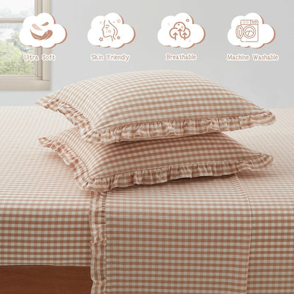 KKJIAF 3 Pieces Plaid Ruffle Twin Bed Sheets, Gingham Twin Sheet Set Comfy Breathable Ruffed Bed Sheet Set with 16 Inch Deep Pocket, Dusty Blue