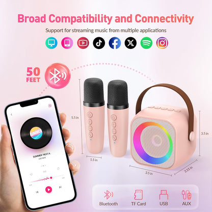 Mini Karaoke Machine for Kids Adults：Portable Bluetooth Karaoke Speaker with 2 Wireless Microphones and Lights for Home Party, Christmas Birthday Gifts for 4-12+ Years Old Girls Boys(Yellow)