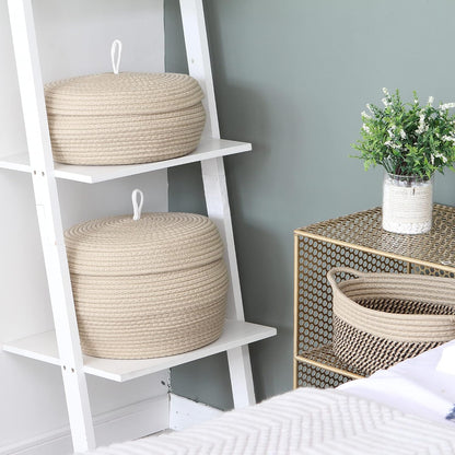 Sea Team Round Cotton Rope Storage Basket with Lid, Decorative Woven Storage Bin, Pot, Caddy, Organizer, Container for Snacks, Towels, Plants (Grey, Small)