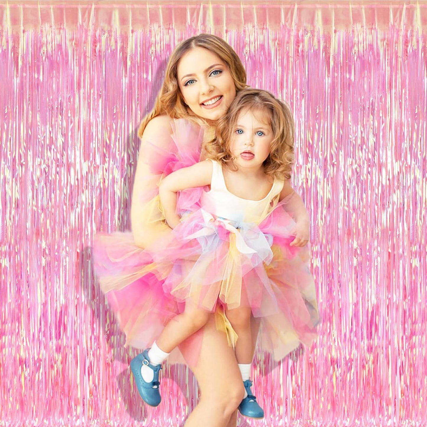 BRAVESHINE Pink Glitter Tinsel Foil Fringe Curtain - 2 Pcs 3.2x8.2 ft Metallic Party Supplies Photo Backdrop for Girl Princess Birthday Unicorn Bachelorette Butterfly Bridal Shower Party Decorations