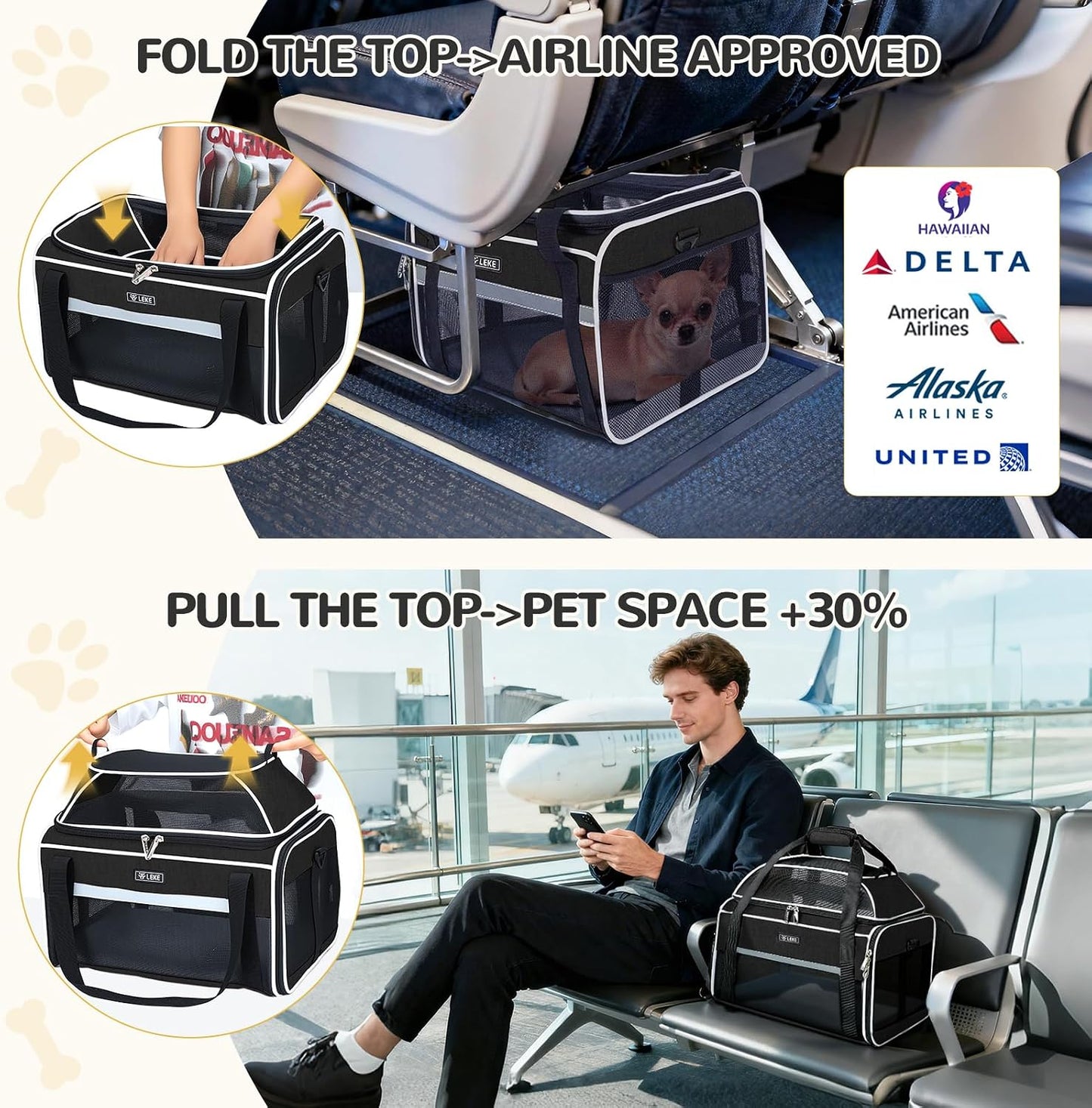 Lekereise Airline Approved Pet Carrier, Top-Expandable and Soft Sided Travel Cat Carrier for Small Cats & Dogs Up to 12lbs, 17x11x9.5 Inch, Black