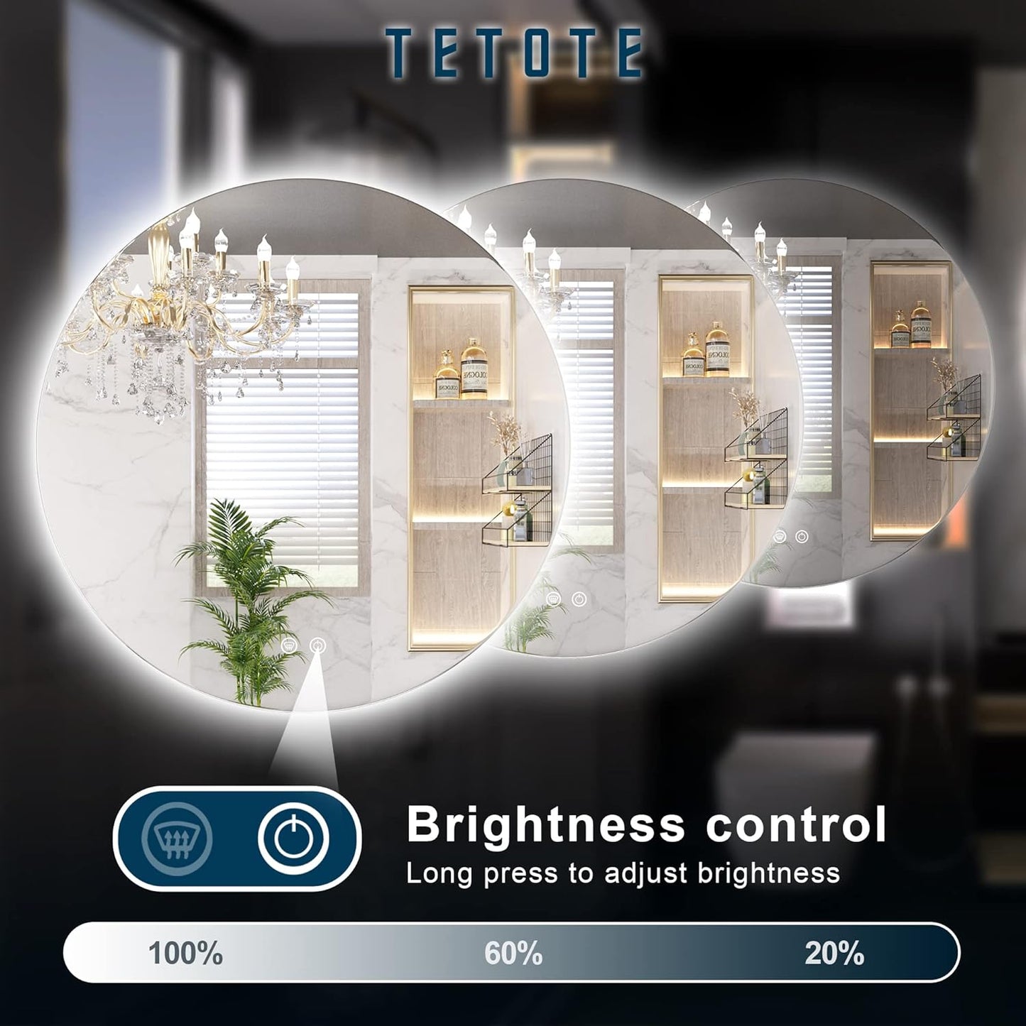 TETOTE 28 Inch Round LED Bathroom Vanity Mirror, Anti-Fog Dimmable Lights IP54 Waterproof Circle Makeup Wall Mounted Mirror