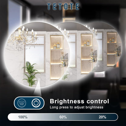 TETOTE 28 Inch Round LED Bathroom Vanity Mirror, Anti-Fog Dimmable Lights IP54 Waterproof Circle Makeup Wall Mounted Mirror