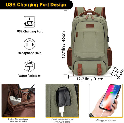 Tzowla Canvas Laptop Backpack Men,Bag for Women,School Travel College Work Rucksack Fits 15.6 Inch Laptop,Bookbag with USB Charging Port,Dark Grey