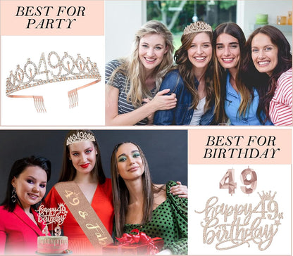 8pcs 40th Birthday Decorations gifts for Women, Including 40th Happy Birthday Cake Topper, Queen Sash with Pearl Pin, Sweet Rhinestone Tiara Crown for Women, Number Candles and Balloons (Rose Gold)