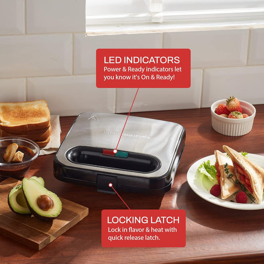 Elite Gourmet ESM-2207SS# Stainless Steel Sandwich Panini Maker Grilled Cheese Machine Tuna Melt Omelets Non-stick Cooking Surface, 2 Slice, 750 Watts, Stainless Steel - PuriLite