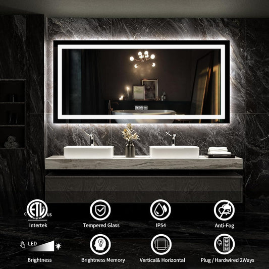 SHUAFA LED Mirror for Bathroom, 72x36 Inch Backlit + Front Lighted Bathroom Mirror with Lights, High-Density Double Light Strips, 3 Colors, Shatter-Proof, Anti-Fog and Brightness Memory - PuriLite