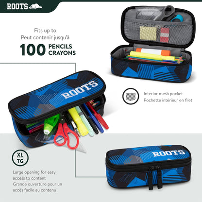 Roots Athletic 3-in-1 Matching Water Resistant Teen Backpack and Lunch Bag Set with Bonus Pencil Case - Made from 100% Recycled Fabrics - 34 litres, Blue Black Navy Camo, XL