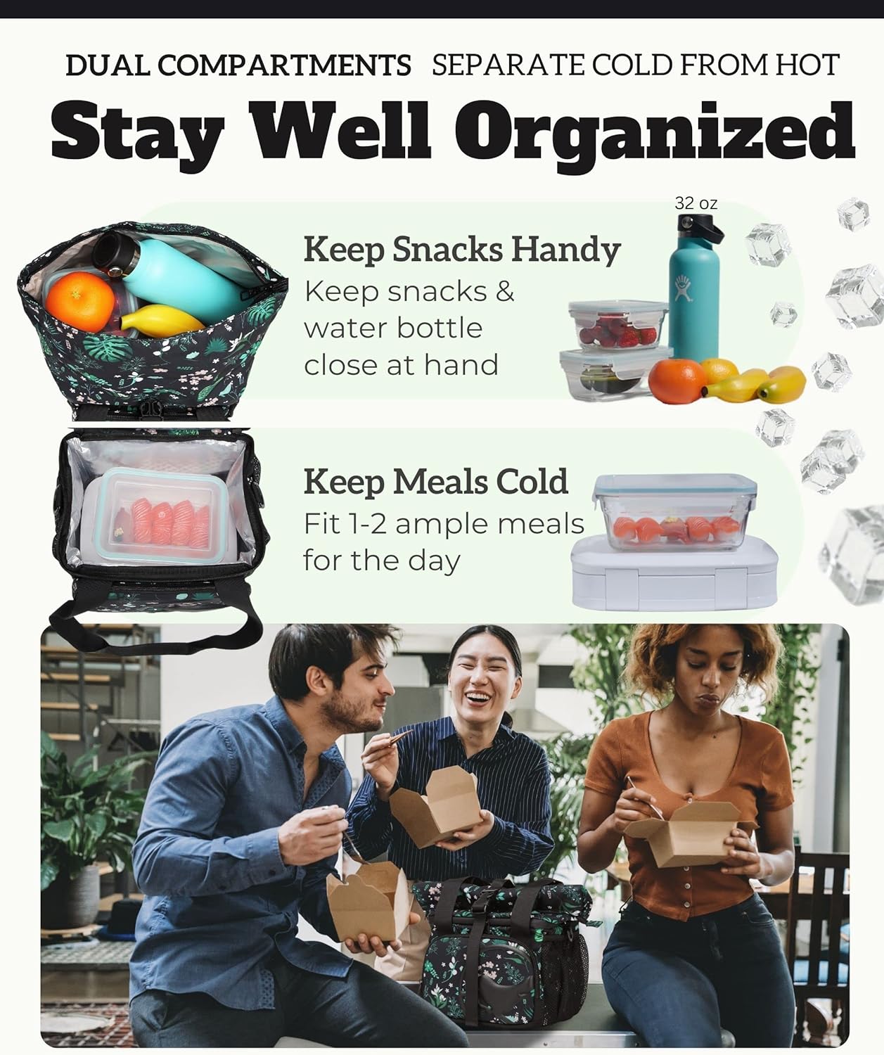 SUNNY BIRD Dual Compartment Lunch Bag Insulated Lunch Box for Women and Men (Green with Boho Strap)