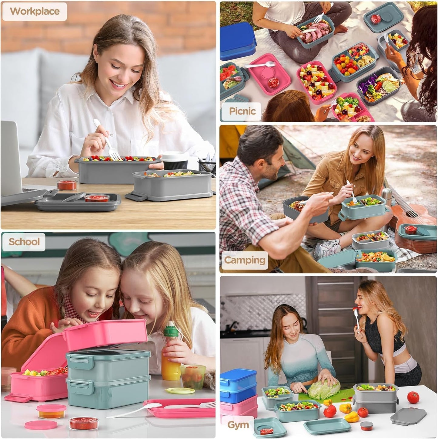 JSCARES Lunch Box Adults Bento Box - All-in-One Stackable 74 OZ Lunch Box Containers for Adult Large Bento Box with Fork Spoon Sauce Boxes, Leakproof Lunchbox for Work School Dining Out (Green)