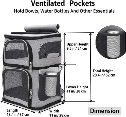 Pet Backpack Carrier Double-Compartment, Portable Pet Cat Carrier Travel for 2 Small Cats or Dogs, Breathable Large Size Cat Carrier Backpack, Perfect for Travel/Hiking/Camping/Walking Outdoor, Grey