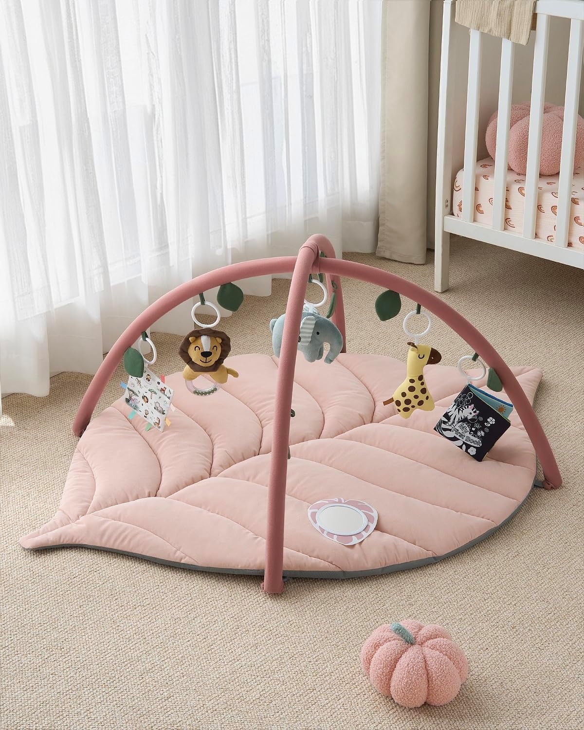 Blissful Diary Baby Play Gym & Activity Mat, Oversize Leaf Shaped Tummy Time Baby Play Mat w 6 Detachable Toys Promotes Motor Skills & Sensory Development, Newborn Infant Essentials Gift, Crystal Pink