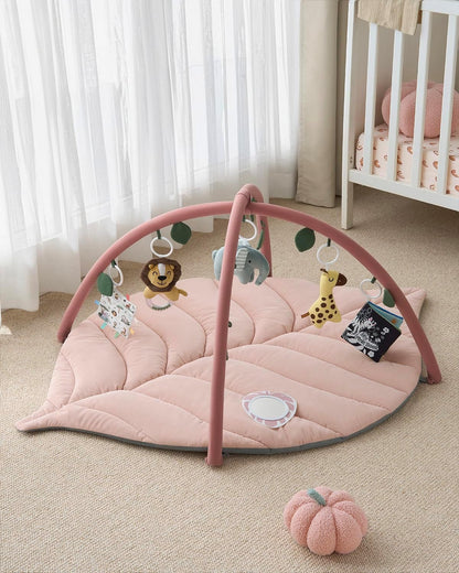 Blissful Diary Baby Play Gym & Activity Mat, Oversize Leaf Shaped Tummy Time Baby Play Mat w 6 Detachable Toys Promotes Motor Skills & Sensory Development, Newborn Infant Essentials Gift, Crystal Pink