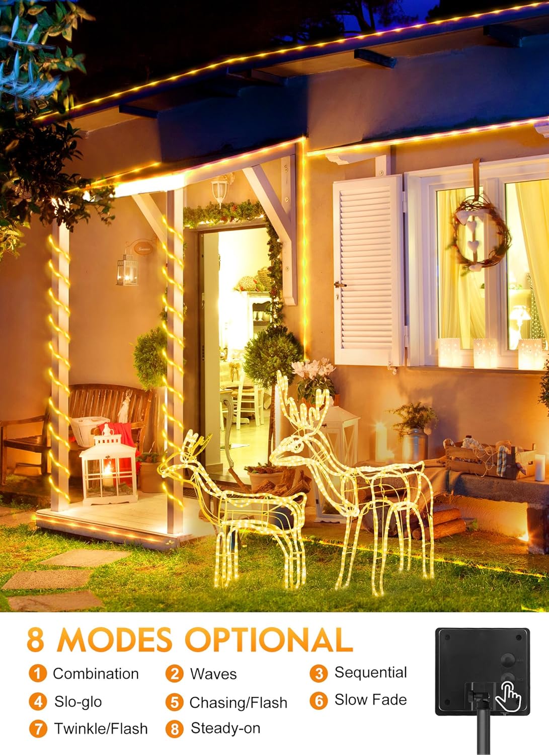 Minetom Solar String Lights Outdoor Waterproof, 72FT 200 LED Rope Lights with 8 Lighting Modes, Solar Christmas Outdoor Lights for Patio Garden Yard Porch Wedding Party Decoration, Warm White