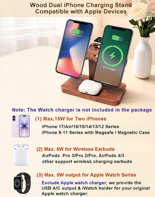 Magnetic Dual Wireless Charger for Smart Phone Multiple Devices, Two Phone Charging Station & Smart Watch