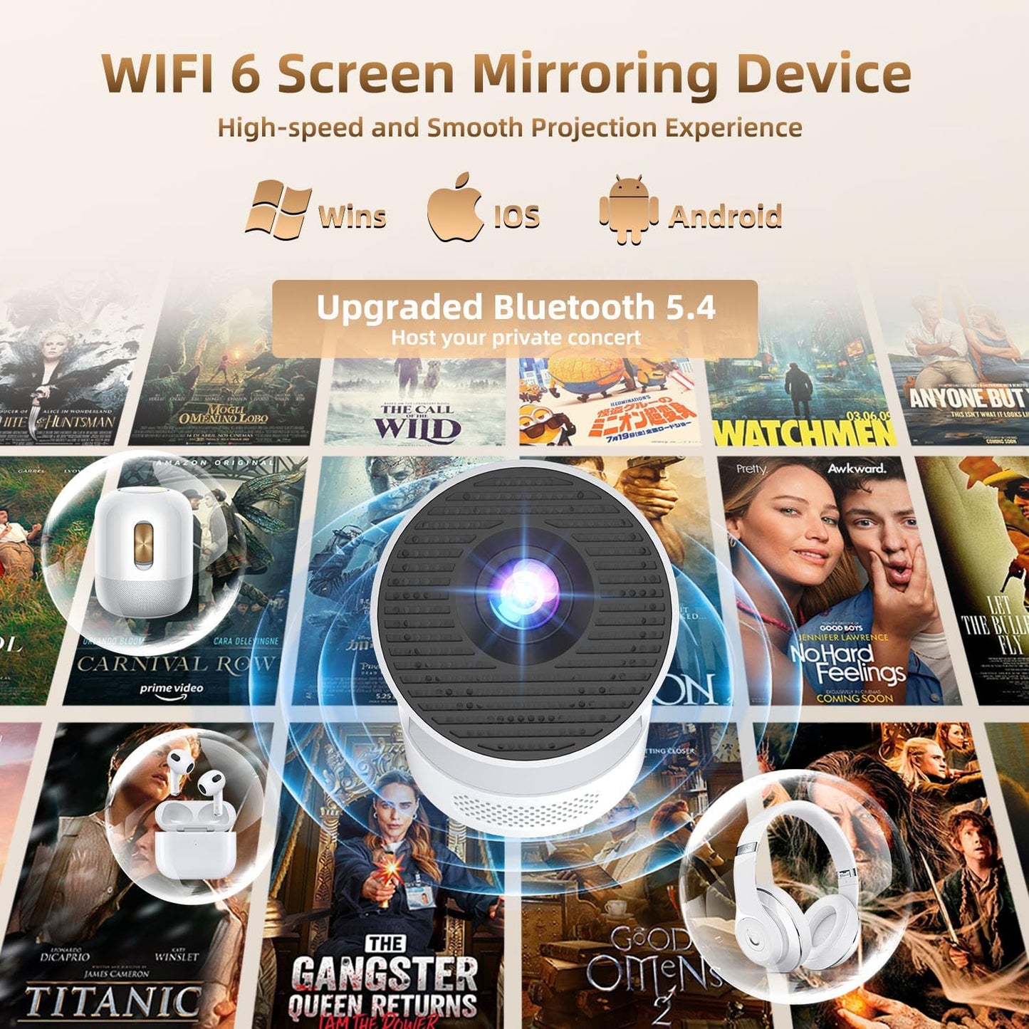 Mini Projector 4K, WiFi & Bluetooth 5.4, Built-in Apps, Auto Keystone | Short Throw, 180° Adjustable, Portable Smart Projecteur for Home/Outdoor Movies/Bedroom/Gaming (HY300Ultra, 2026 Upgrade)