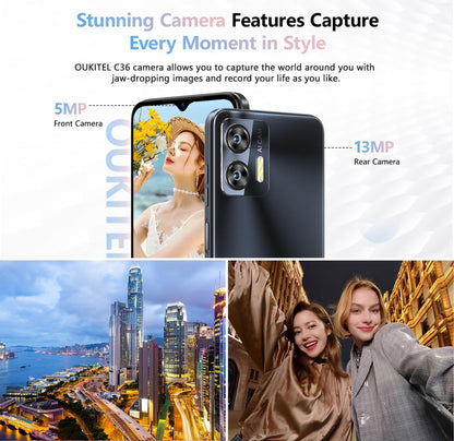 OUKITEL C36 Smartphone, Unlocked Cell Phone Canada, Android 14 Phone, 16GB+256GB/TF 1TB Expandable, 6.56'' HD+ Large Screen, 5150mAh, 4G Sim 3 Card, Fingerprint/Face Unlock Telephone, GPS