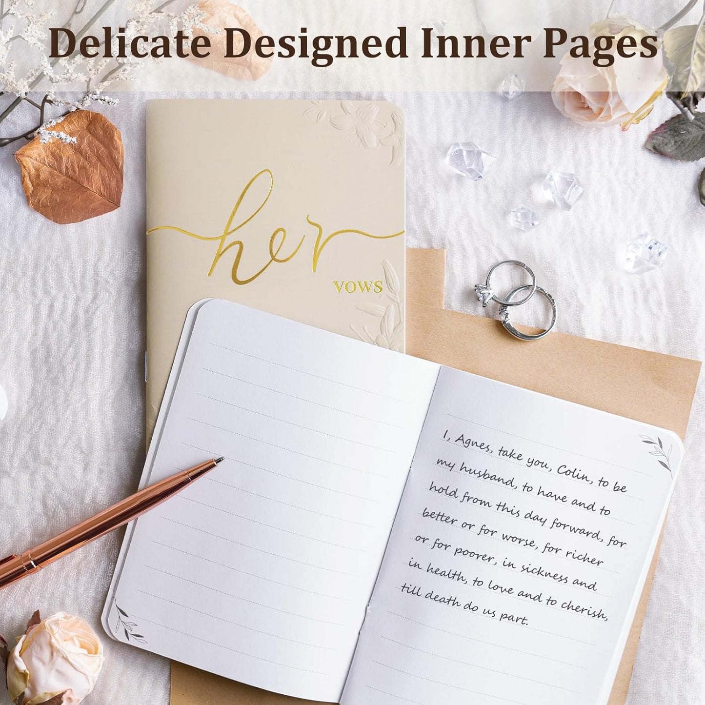 WEMATE Vow Books His and Hers,Wedding Vow Book with Gold Foil and 2 Pens, Wedding Essentials, Beautiful Wedding Present Stuff - Brown and Apricot
