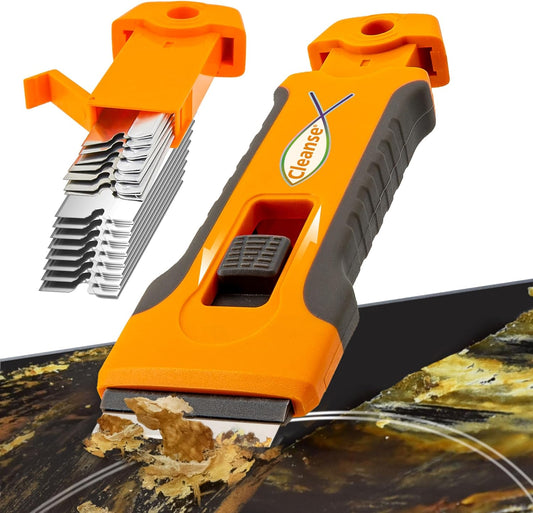 Razor Blade Scraper with 15 Spare Replacements - Glass Stove Top, Oven, Cooktop Scraper for Easy & Safe Cleaning, Decal & Sticker Removal, Non-Scratch, Comfortable Grip, Perfect for Home & Auto Use