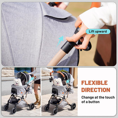 EchoSmile Pet Stroller for Dogs & Cats - One-Touch Foldable Design, Reversible Handle, Shock Absorbing Wheels, Large Pet Carrier Holds 3 Small/Medium Pets (50lbs), Removable Washable Pad & Storage Basket(Gray)