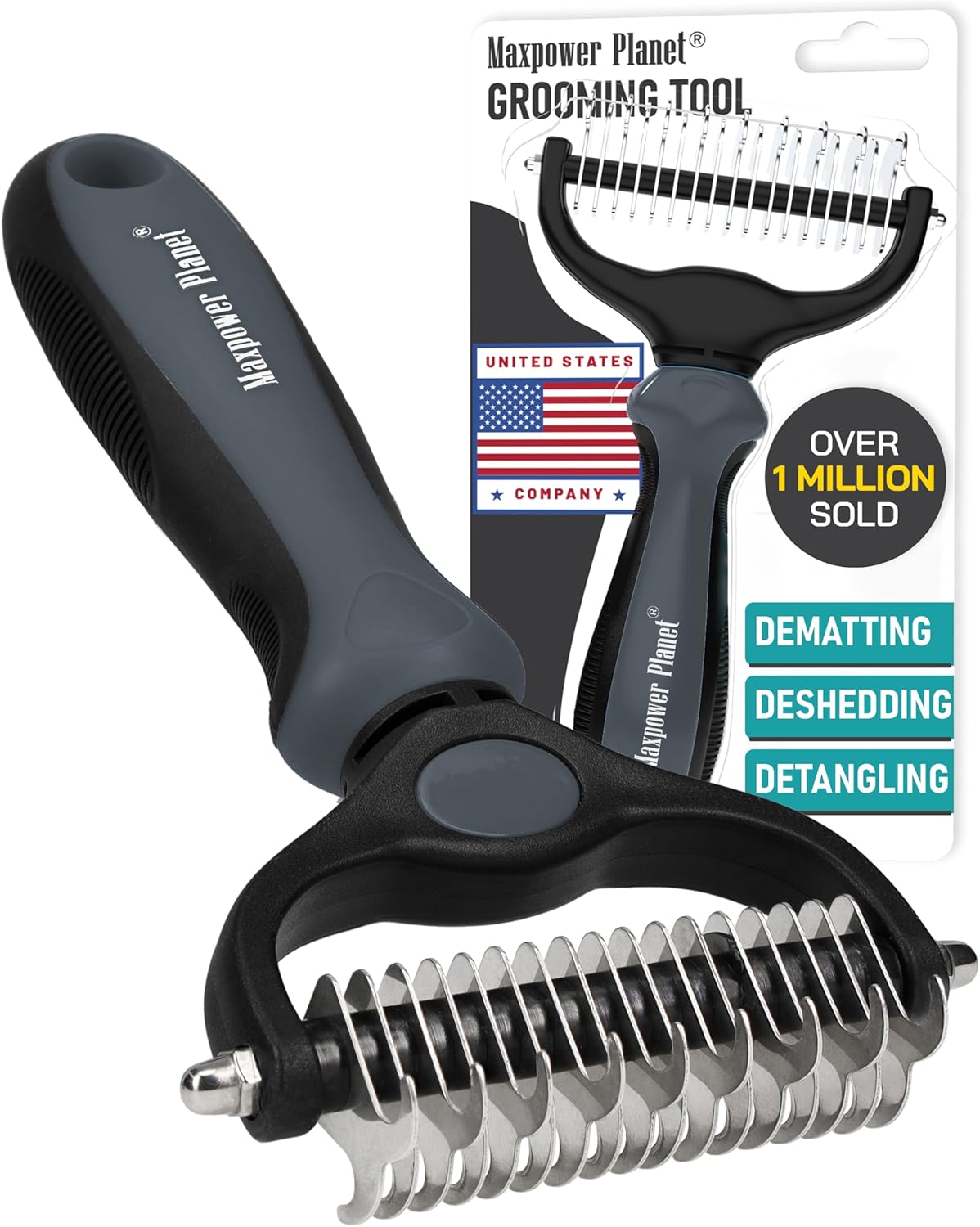 Maxpower Planet Pet Grooming Brush - Double Sided Shedding, Dematting - Undercoat Rake for Dogs - Dog Grooming Brush - Deshedding Brush for Dogs - Dog Brush, Cat Brush, Reduce Shedding by 95%, Black