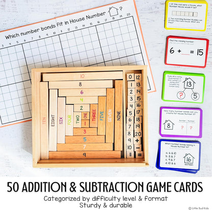 LITTLE BUD KIDS House of Number Buddies Math Game, a Number Bonds Math Toy with Number Rods and Addition & Subtraction Flash Cards, a Montessori Material for Kids 4-8 Years Old
