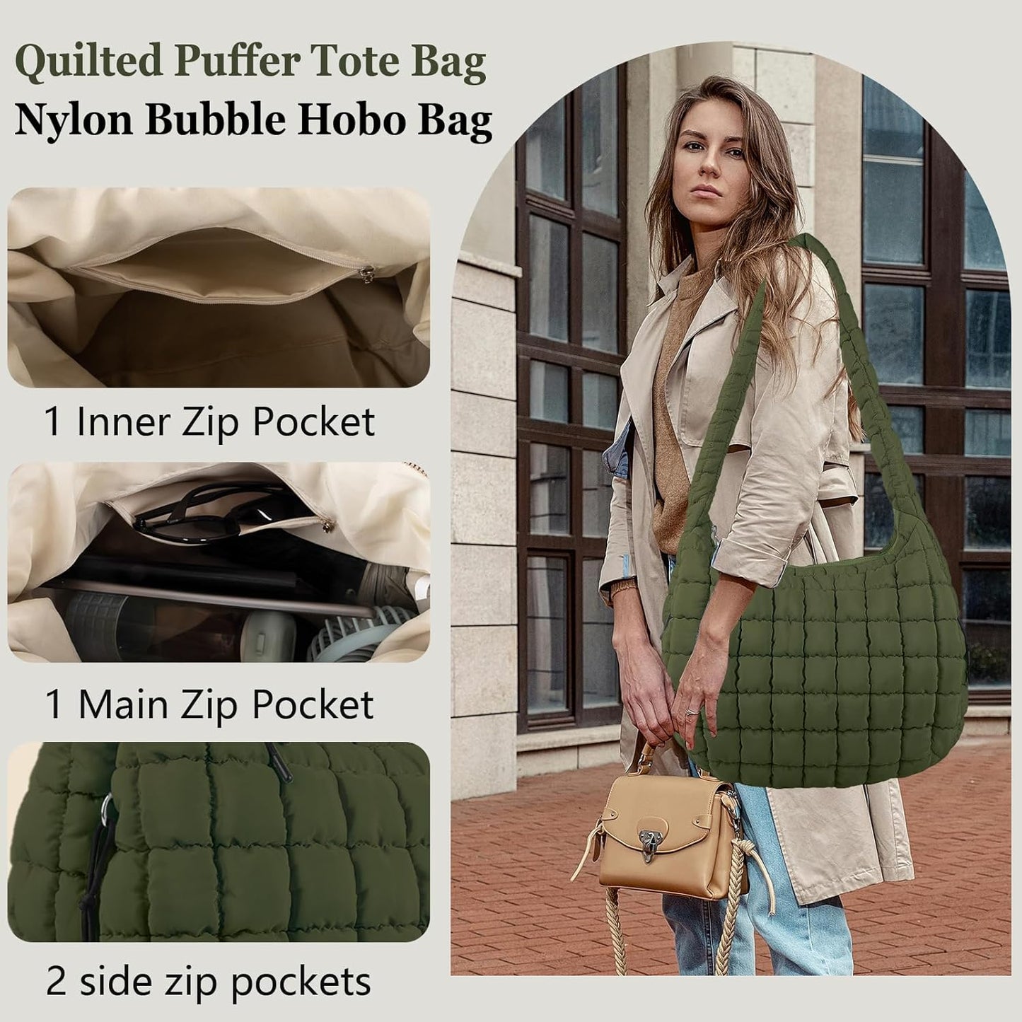 Quilted Puffer Tote Bag Large Crossbody Shoulder Bag with Zipper, Nylon Hobo Oversized Handbag