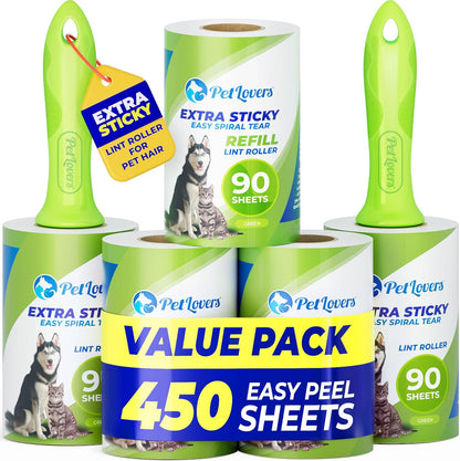 PetLovers Extra Sticky Lint Roller Mega Value Set for Pet Hair Removal, Dog and Cat Lint Remover (1 Pack Reusable)