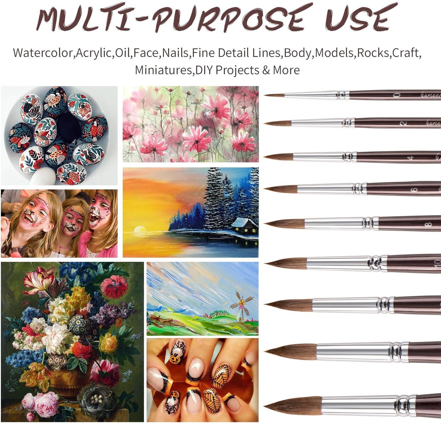 Fuumuuui Sable Watercolor Brushes 9pcs Detail to Mop | Round Pointed Paint Brushes Superior Sable Paint Brush Perfect for Watercolor Gouache Acrylic Ink Painting