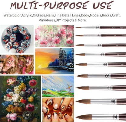 Fuumuuui Sable Watercolor Brushes 9pcs Detail to Mop | Round Pointed Paint Brushes Superior Sable Paint Brush Perfect for Watercolor Gouache Acrylic Ink Painting