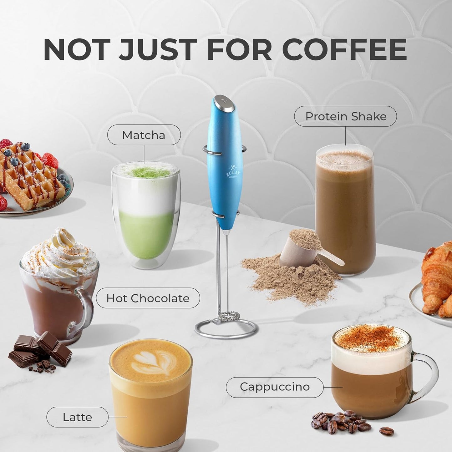 Zulay Milk Frother Complete Set Coffee Gift, Handheld Foam Maker for Lattes - Whisk Drink Mixer for Coffee, Mini Blender for Cappuccino, Frappe - Includes Frother, Stencils & Frothing Cup (Black)