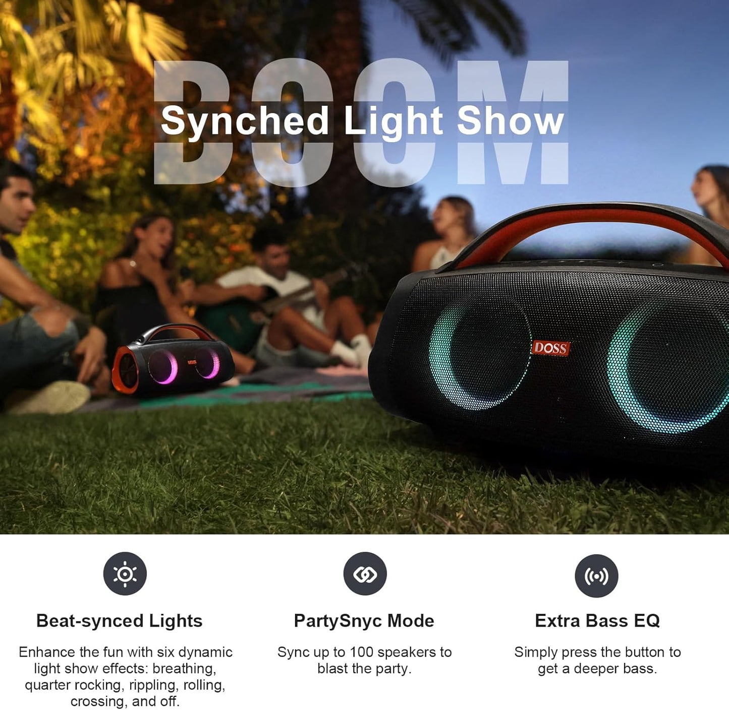 DOSS Extreme Boom Pro Bluetooth Speaker with 100W Stereo Sound, Rich Bass, 20H Playtime, Mixed Color Light, IPX6 Waterproof Haut parleur for Camping, Beach, Outdoor-Orange