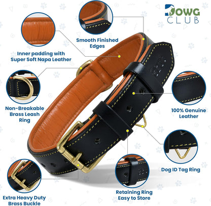 DowgClub | Genuine Leather Dog Collar | Full Grain, Heavy Duty | Comfortable, Strong | Best for Pups, Small, Medium & Large Breeds | Pink, Brown, Black, Tan