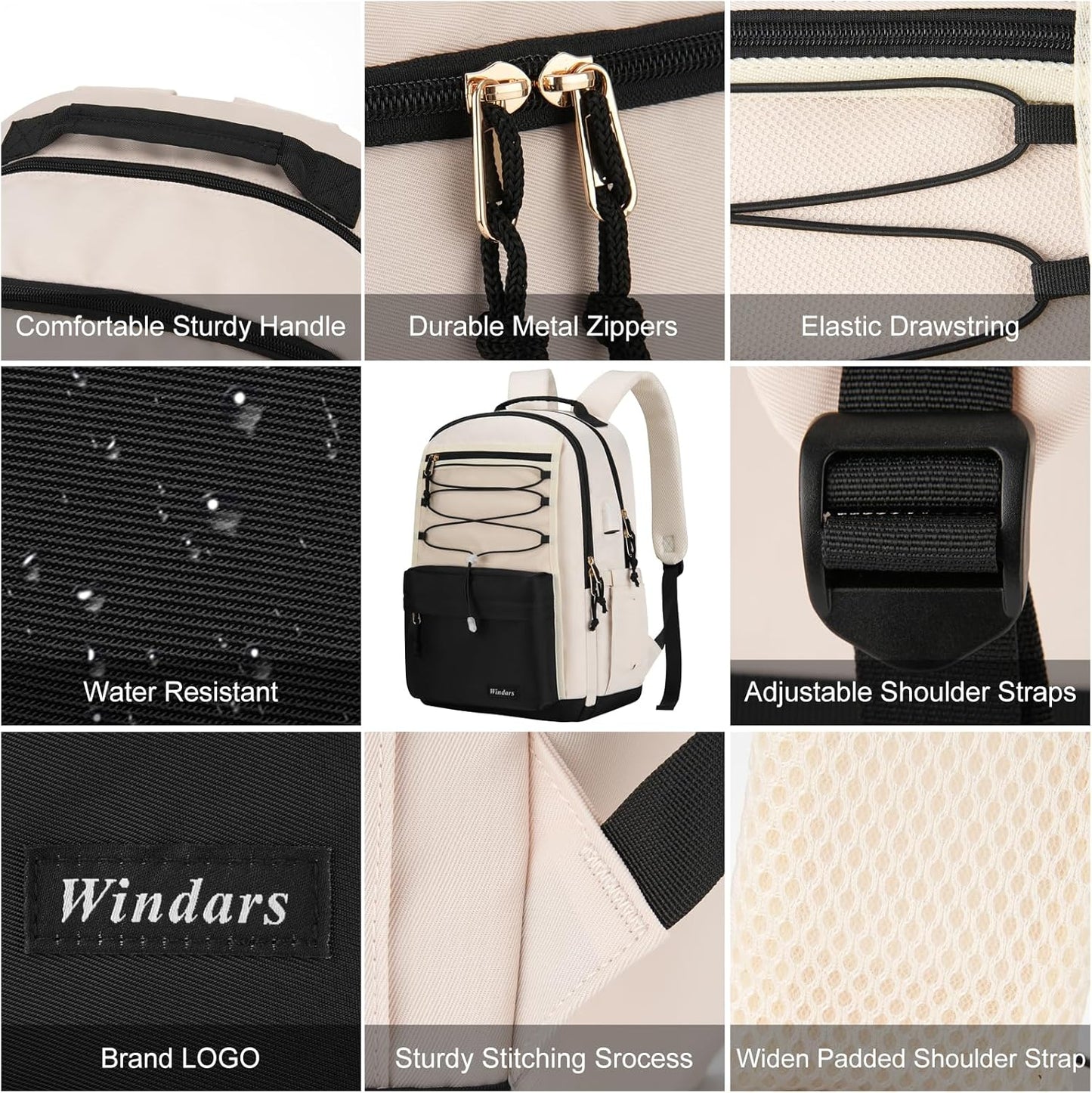 WINDARS School Backpack for Teens Girls, Aesthetic College Backpack Large Bookbag for Women Students Fashion 15.6 Inch Laptop Bag for Work Travel (Khaki Beige)