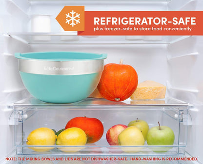 Elite Gourmet EBS-0012 Maxi-Matic 12Piece Stainless Steel Color Mixing Bowls with Lids, 7.25 qt. - 6 qt. – 3.5 qt. – 3 qt. – 2.25 qt. – 2 Qt