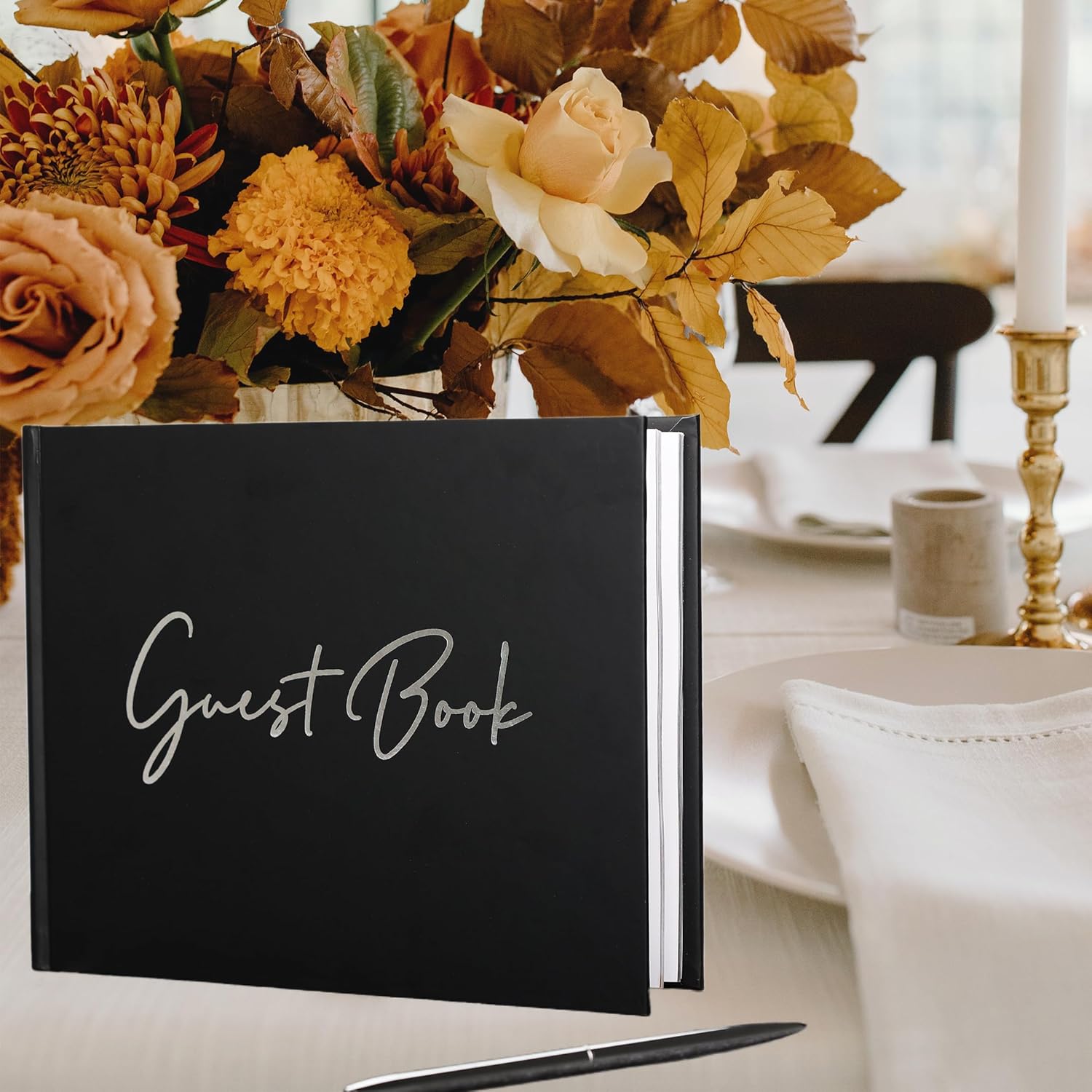 Black Guest Book for Funeral-7" x 9" Registry Sign In Book for Reception, Graduation Party, Birthday, Black Guestbook for Memorial Service with Gilded Silver Edges (100 pages) - PuriLite